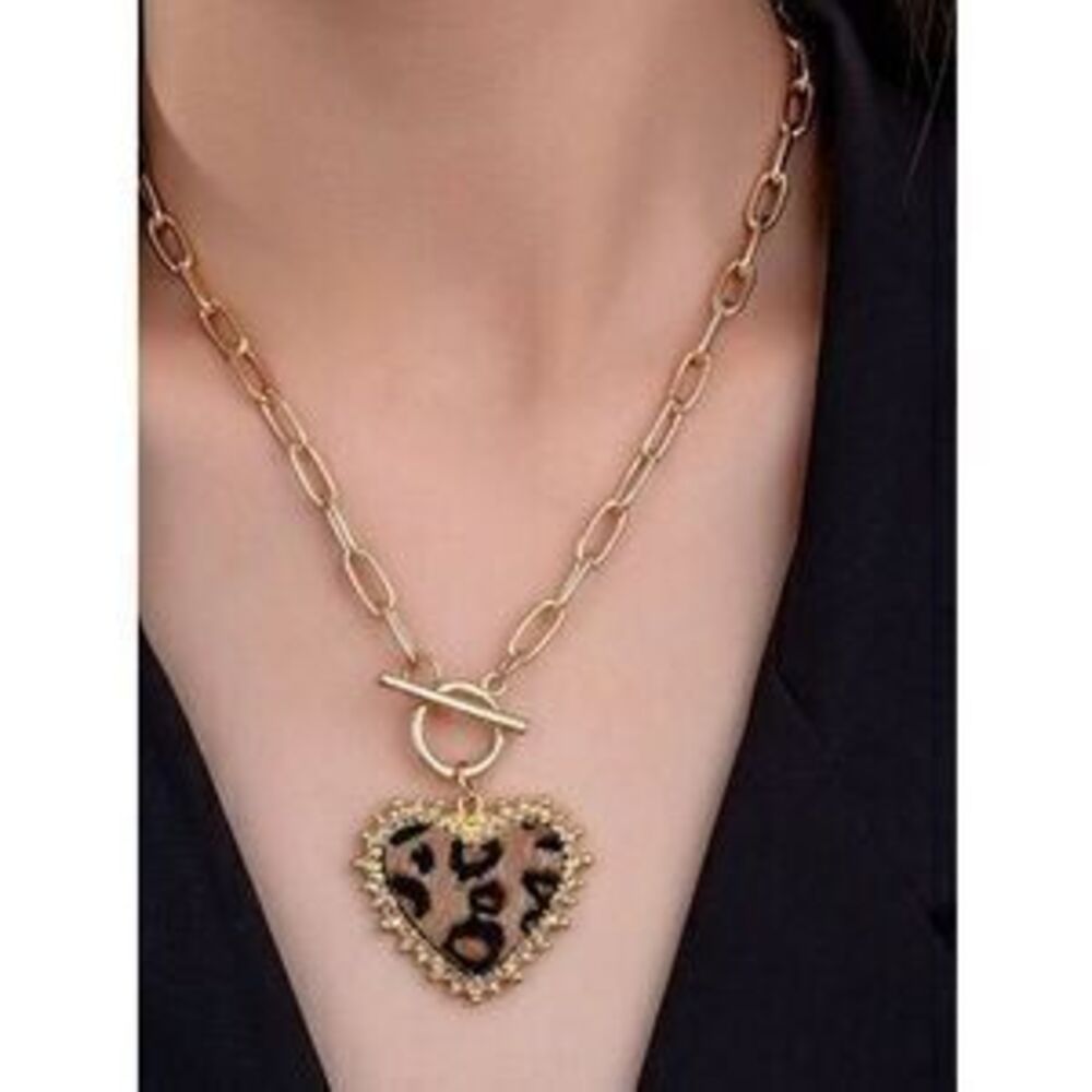Luxe Gold Tone Leopard Print Heart Chain Necklace